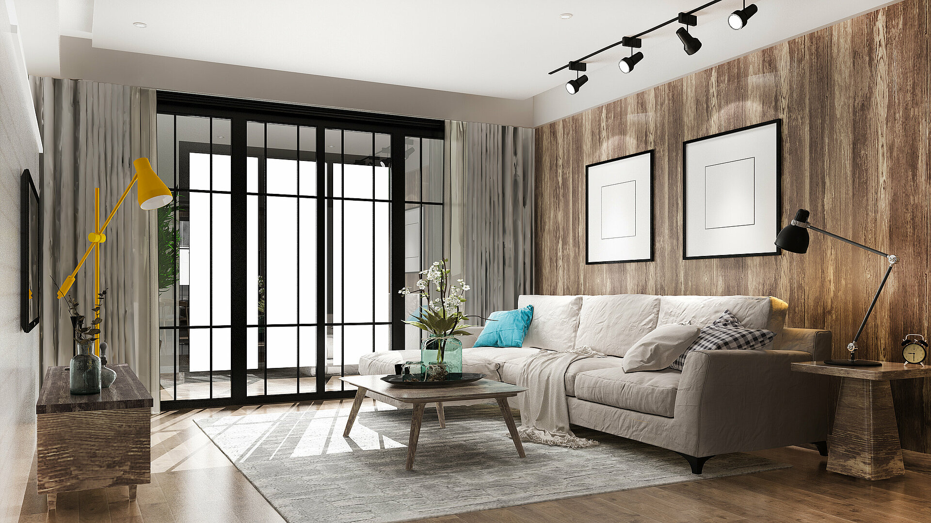 Wand und Möbel in einer Wohnung mit dem Effekt Kiefer Verwittert