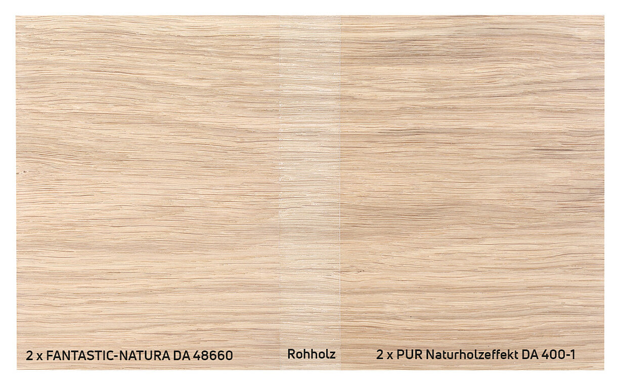 Links: FANTASTIC-NATURA Rechts: DA 400-1 Vergleich von FANTASTIC-NATURA auf Rohholz