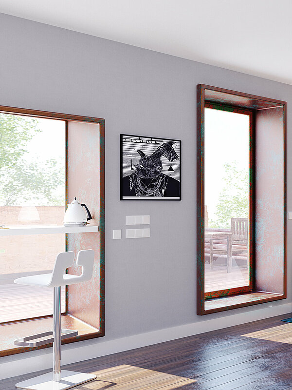 Wohnung mit Akzenten an den Fensterrahmen im HY­DRO Rost­ef­fekt ohne Me­tall­pul­ver